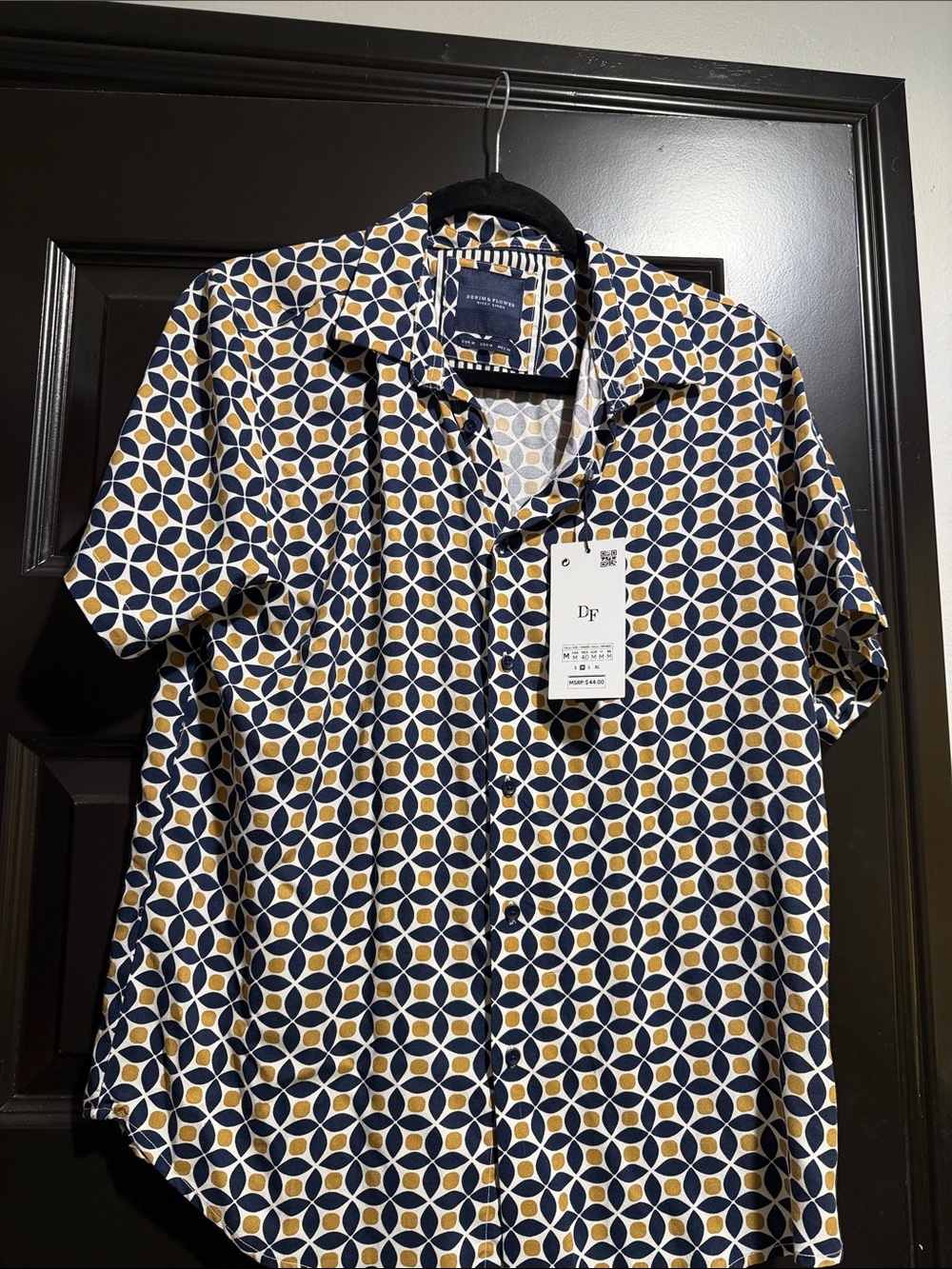 Denim & Flower Navy and Mustard Geometric Short-Sleeve Button-Up